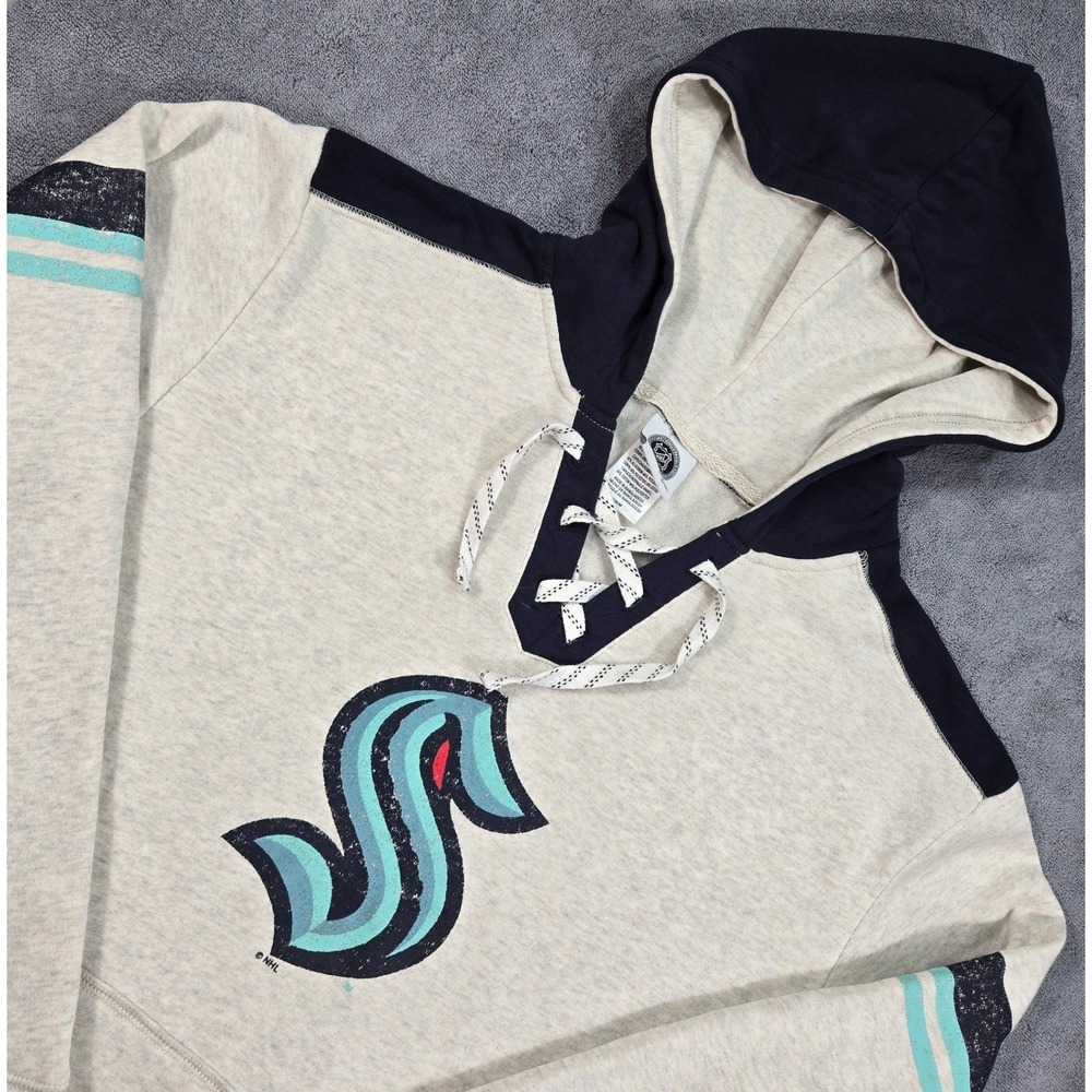 NHL Seattle Kraken Lace Up Hoodie Mens Medium Cream Blue Lacer Jersey Sweatshirt - Picture 2 of 13